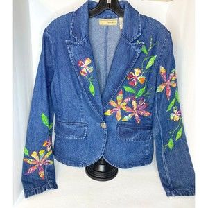 Carrie Allen Floral Applique Sequins Pockets Denim Blazer Jacket Womens Sz S,EUC